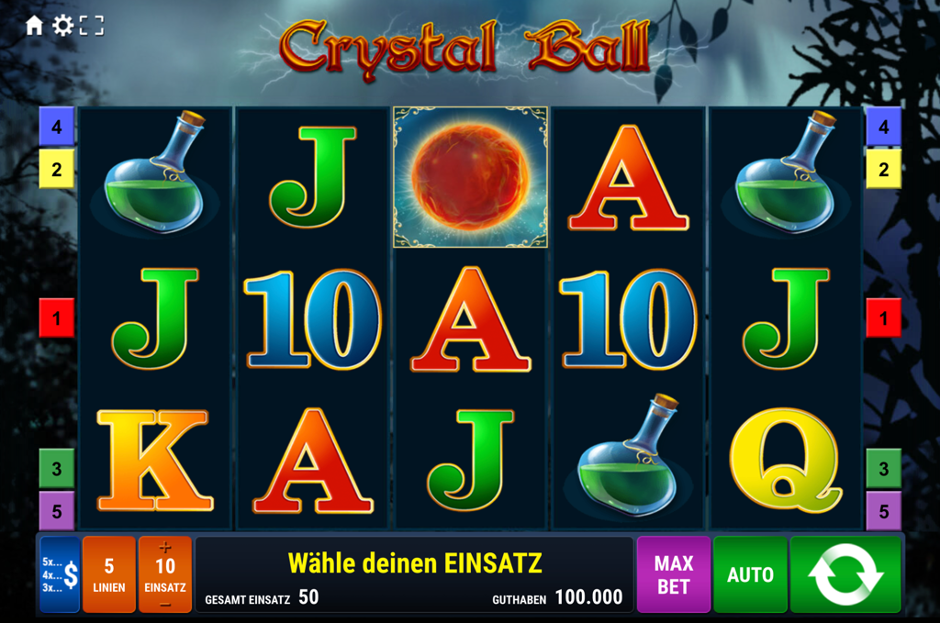 Crystal Ball Slot Spieloberfl&auml;che mit bunten Symbolen